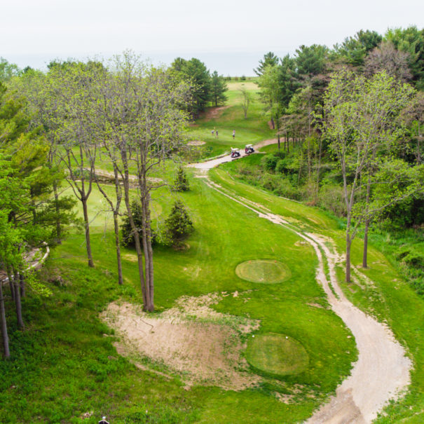 Drone shot of the the fairways at The Bluffs Golf Club in Port Stanley.