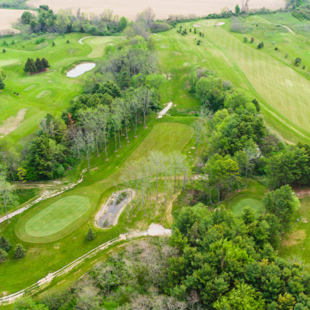 Drone shot of the the fairways and greens at The Bluffs Golf Club in Port Stanley.