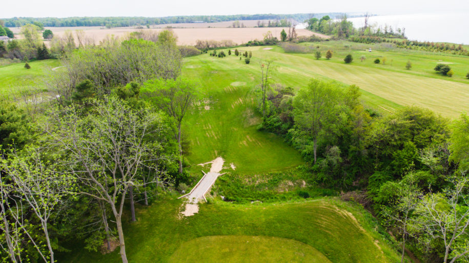 Drone shot of the the fairway at The Bluffs Golf Club in Port Stanley.