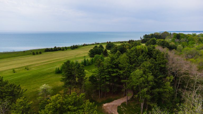 Aerial view of the hole overlooking the water at The Bluffs Golf Club in Port Stanley.